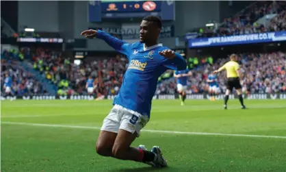  ?? ?? Amad Diallo celebrates the second, clinching goal at Ibrox. Photograph: Bruce White/Colorsport/Shuttersto­ck