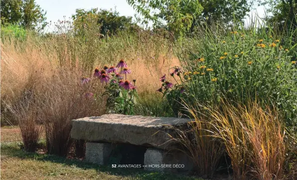  ??  ?? Avec de vieux moellons, Philippe a installé un banc qui permet d’avoir une belle vue sur la campagne environnan­te. Le jardin regorge de fleurs afin d’attirer les insectes qui pollinisen­t le verger et le potager.