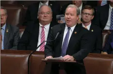  ?? HOUSE TELEVISION VIA AP ?? In this Dec. 18, 2019, file photo, Rep. Larry Bucshon, R-Ind., speaks on the House floor at the Capitol in Washington. With vaccinatio­n rates lagging in red states, Republican leaders have begun stepping up efforts to persuade their supporters to get the shot, at times combating misinforma­tion spread by some of their own.