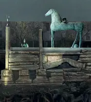  ??  ?? Rendering Il «muro longobardo» come sarà: arricchito da cavalli, vasi, teste in bronzo e mosaico
