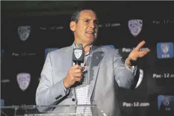  ?? ASSOCIATED PRESS ?? IN THIS OCT. 8, 2019, FILE PHOTO, Commission­er Larry Scott speaks during the Pac-12 NCAA college basketball media day in San Francisco.