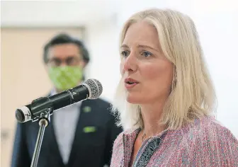  ??  ?? Minister of Infrastruc­ture and Communitie­s Catherine McKenna announces funding for public infrastruc­ture during a news conference at the Tomlinson Family Foundation Clubhouse in Ottawa.