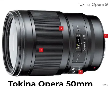  ??  ?? Full-frame compatible: Yes APS-C effective focal length: 80mm Image stabiliser: No Minimum focus distance: 40cm Manual focus override: Yes Focus limit switches: No Internal zoom: N/A Internal focus: Yes Filter size: 72mm Iris blades: 9 Weather seals: Yes Supplied accessorie­s: Front lens cap, lens hood, rear lens cap Dimensions (dia x length): 80 x 108mm Weight: 950g 1 The manual focus ring has continuous override, as well as a long rotational travel that makes small focusing tweaks easy. 2 The direction of focus ring rotation matches that of a Canon or Nikon lens. 3 There are seals for eight possible ingress points along the lens barrel, so you can shoot in all weathers. 4 There’s just one switch on the lens barrel, for AF/MF selection. It’s a pity stabilisat­ion isn’t present, but it’s not essential on a 50mm lens with such a fast maximum aperture.