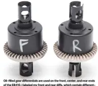  ??  ?? Oil-filled gear differenti­als are used on the front, center, and rear ends of the EB410. I labeled my front and rear diffs, which contain differentw­eight oils.