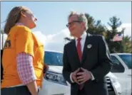  ?? GARY LANDERS — THE ASSOCIATED PRESS ?? Ohio Republican gubernator­ial candidate Mike DeWine, right, greets a voter outside the Green Township Senior Center, a voting precinct, Nov. 6.