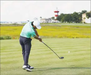  ?? Kevin C. Cox / Getty Images ?? Abraham Ancer plays his shot from the 18th tee during the third round of the RBC Heritage on Saturday at Harbour Town Golf Links in Hilton Head Island, S.C.