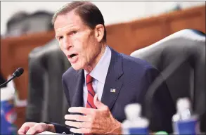  ?? Getty Images ?? Sen. Richard Blumenthal, D-Conn., speaks on the fourth day of confirmati­on hearings for Supreme Court nominee Judge Amy Coney Barrett before the Senate Judiciary Committee on Thursday in Washington. Below, Sen. Cory Booker, D-N.J., speaks at the hearing.