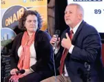  ?? JOHN KLEIN / FOR THE MILWAUKEE JOURNAL SENTINEL ?? Lilly Goren, a Carroll University professor, and Rick Esenberg, founder of Wisconsin Institute for Law & Liberty, discuss political polarizati­on on Tuesday night during “Across the Divide.” See more photos at jsonline.com/news.