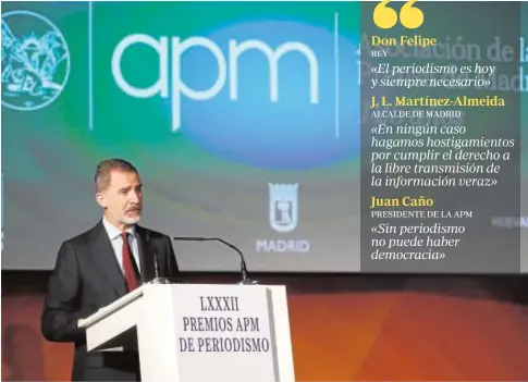  ?? POOL ?? Don Felipe, ayer durante la entrega de los premios de la Asociación de la Prensa de Madrid