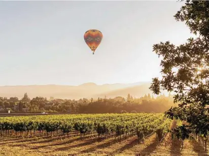  ?? Photos by Cayce Clifford / For the Washington Post ?? A hot-air balloon hovers over Yountville, Calif., rising above the Domaine Chandon winery.