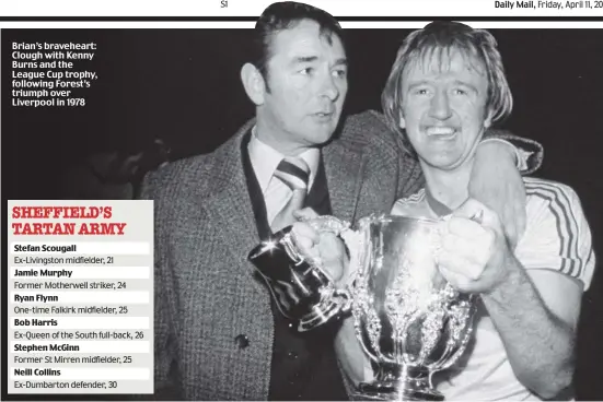  ??  ?? Brian’s braveheart: Clough with Kenny Burns and the League Cup trophy, following Forest’s triumph over Liverpool in 1978