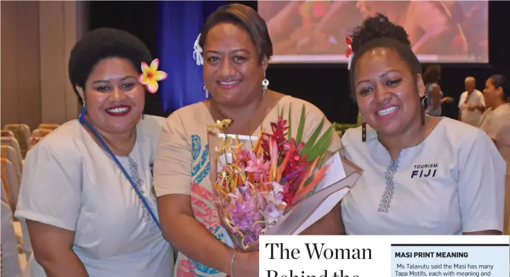  ?? Photo: Waisea Nasokia ?? From left: Tourism Fiji destinatio­n experience executive Ilisapeci Gule, masi artist Wati Talavutu and TF Global Marketing Specialist Ana Bakaniceva after the launch of the new logo this week.