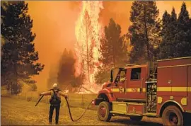  ?? Noah Berger Associated Press ?? CREWS battle the Oak fire in the Jerseydale community of Mariposa County on Saturday. The blaze had spread to 11,900 acres by early Saturday evening.