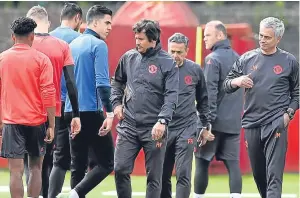  ?? Getty. ?? Jose Mourinho with his United players at Carrington yesterday.