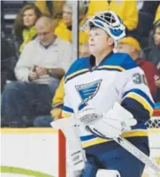  ?? Mark Zaleski, The Associated Press ?? St. Louis Blues goalie Martin Brodeur looks at the scoreboard during a timeout in the first period of Thursday night’s loss to the Predators in Nashville, Tenn.