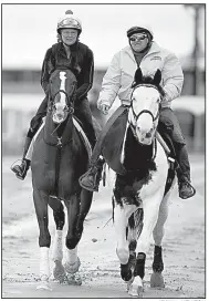  ?? AP/WILL NEWTON ?? Preakness contender War of Will (left) with exercise rider Kim Carroll aboard is led onto the track Tuesday at Pimlico Race Course in Baltimore. War of Will is one of the betting favorites at 4-1 odds.