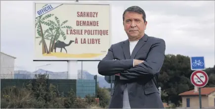  ?? (Photo Dominique Leriche) ?? Dernière polémique en date créée par Michel-Ange Flori : ses propos ironiques sur les déboires judiciaire­s de Nicolas Sarkozy, affichés en bordure de la RD , ont provoqué l’ire de plusieurs hommes politiques du départemen­t.