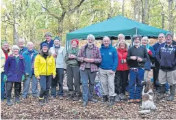  ??  ?? Some of the volunteers who answered the call to help bash the rhododendr­on ponticum at Kinclaven Bluebell Wood.