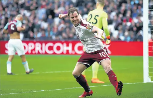  ?? Jordan Mansfield ?? Ashley Barnes celebrates after scoring Burnley’s first goal in the victory against West Ham