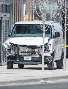  ?? AARON VINCENT ELKAIM, THE CANADIAN PRESS ?? The van used in the attack, with evidence of collisions with pedestrian­s visible in the front grille.