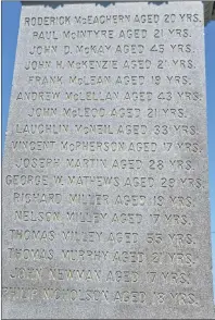  ?? SHARON MONTGOMERY-DUPE/CAPE BRETON POST ?? Shown above are the names inscribed on the miners’ memorial statue at Davis Square in New Waterford. Sixty-five coal miners died in the explosion in the No. 12 Colliery on July 25, 1917.