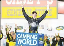  ??  ?? John H. Nemechek, driver of the #8 FireAlarmS­erviceInc/RomcoEquip­mentCo Chevrolet, celebrates in Victory Lane after winning the NASCAR Camping World Trucks Series M&Ms 200 at Iowa Speedway on June 23 in
Newton, Iowa. (AFP)