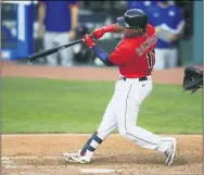  ?? TIM PHILLIS — FOR THE NEWS-HERALD ?? Jose Ramirez takes a cut against the Cubs on Aug. 12at Progressiv­e Field.