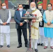  ?? AFP ?? Prime Minister Narendra Modi with NDA leaders in Parliament on Friday.