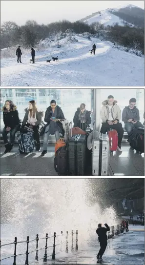  ?? PICTURES: SIMON HULME/PA WIRE. ?? BLEAK MIDWINTER: People brave snow in the Malvern Hills in Worcesters­hire; passengers wait at Stansted Airport as flights are cancelled; waves crash into North Bay, Scarboroug­h.