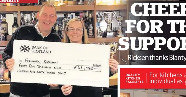  ??  ?? Generous Stan Gordon, owner of the Stonefield Tavern in Blantyre, with staff member Stacey Duncan and the cheque