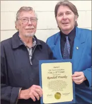  ?? Contribute­d ?? Randall Franks (right) pauses backstage with National Traditiona­l Country Music Associatio­n President Bob Everhart following his induction in America’s Old Time Country Music Hall of Fame.