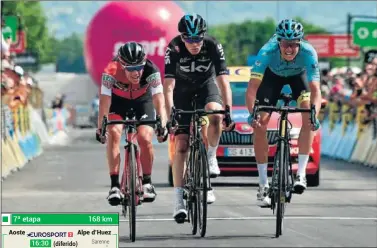  ??  ?? SPRINT FRENÉTICO. Fuglsang batió a Porte, Froome y Aru.