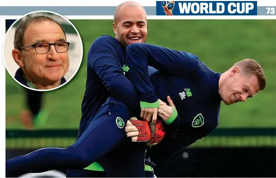  ?? PA ?? Safe hands: goalkeeper Darren Randolph wrestles James McClean and manager Martin O’Neill looks relaxed (inset)