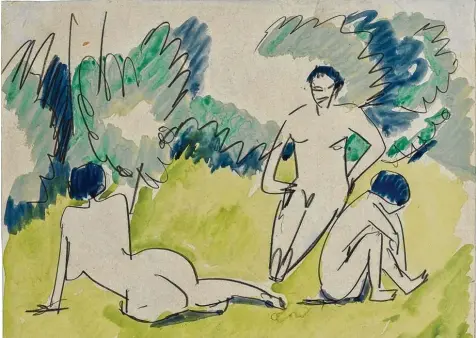  ?? Fotos: Staatsgale­rie Stuttgart ?? Die Körperlich­keit fasziniert­e Ernst Ludwig Kirchner, und er skizzierte sie mit wenigen Strichen – wie hier sein Blatt „Drei Akte im Grünen“, 1911, in Bleistift und Aquarell auf Papier.