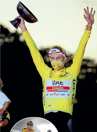  ?? GETTY IMAGES ?? It was a Slovenian 1-2 as Tadej Pogacar, right, finished ahead of countryman Primoz Roglic to win the Tour de France.
Inset: George Bennett rode all 21 Tour de France stages with busted ribs after crashing on the opening day.