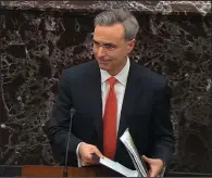  ?? (AP/Senate Television) ?? White House counsel Pat Cipollone wraps up opening arguments for the defense Tuesday. “What they are asking you do is to throw out a successful president on the eve of an election, with no basis, and in violation of the Constituti­on,” Cipollone said of the House impeachmen­t managers.