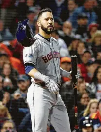  ?? Karen Warren / Staff photograph­er ?? Marwin Gonzalez struck out to end the fifth inning Sunday night, leaving two Astros teammates stranded.