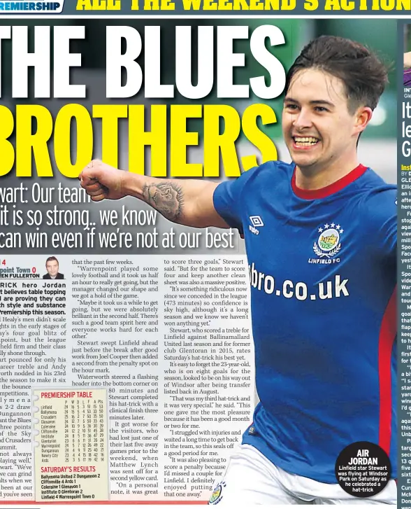  ??  ?? AIR JORDAN Linfield star Stewart was flying at Windsor Park on Saturday as he celebrated a hat-trick