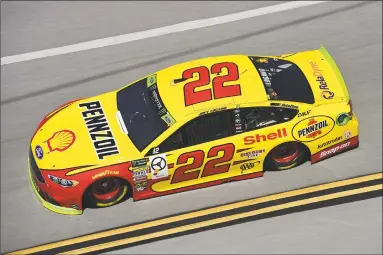  ?? Jared C. Tilton / Getty Images ?? Joey Logano, driver of the #22 Shell Pennzoil Ford, practices for the Monster Energy NASCAR Cup Series 1000Bulbs.com 500 at Talladega Superspeed­way Oct. 13 in Talladega, Alabama.