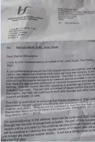  ??  ?? Letter to Tony McLoughlin TD from the HS