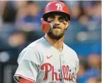  ?? ADAM HUNGER/AP ?? Bryce Harper has never dealt with an elbow injury before, let alone received a PRP injection. This is new territory for him, and how his body will respond to the treatment remains to be seen.