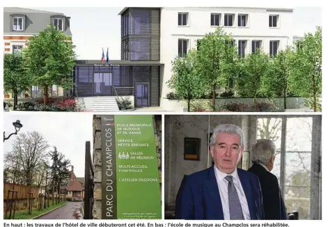  ?? ©OPB Architectu­re ?? En haut : les travaux de l’hôtel de ville débuteront cet été. En bas : l’école de musique au Champclos sera réhabilité­e. En bas à droite : Pierre-claude Dessaignes, 1er adjoint délégué aux finances.