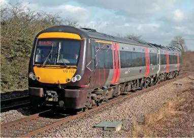  ?? PAUL BIGGS. ?? CrossCount­ry 170113 passes Elmsthorpe and heads towards Hinckley on February 24 2017, with the 1218 Leicester-Birmingham New Street service. Andrew Bennett bemoans the lack of capacity on the ‘170s’.