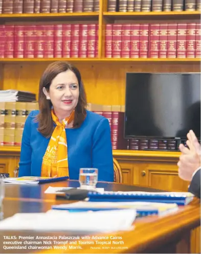  ?? Pictures: ROMY BULLERJAHN ?? TALKS: Premier Annastacia Palaszczuk with Advance Cairns executive chairman Nick Trompf and Tourism Tropical North Queensland chairwoman Wendy Morris.