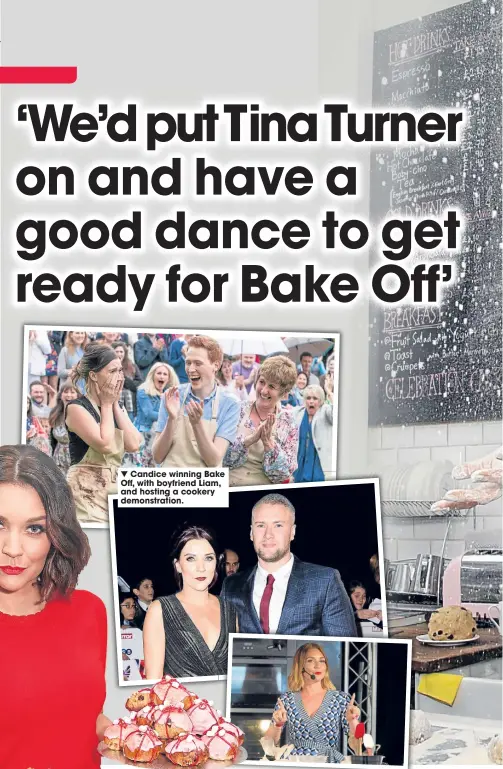  ??  ?? Candice winning Bake Off, with boyfriend Liam, and hosting a cookery demonstrat­ion.