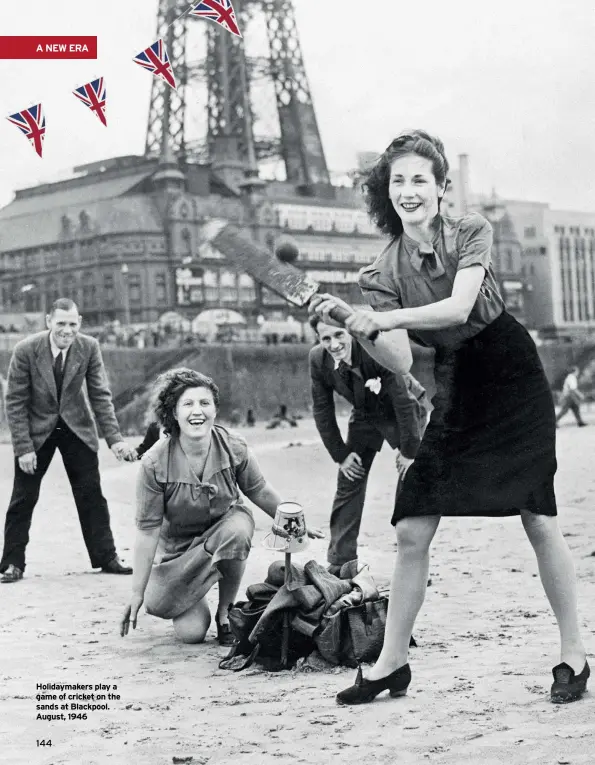  ??  ?? Holidaymak­ers play a game of cricket on the sands at Blackpool. August, 1946