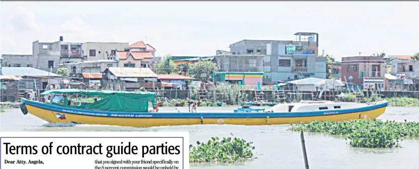  ?? Photograph by Dianne bacelonia for the Daily tribune ?? a fishing boat traverses the pasig river near the nagpayong ferry station amid a backdrop of houses in c-6, lower bicutan, taguig city.