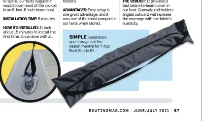  ??  ?? SIMPLE installati­on and storage are the design mantra for T-top Boat Shade Kit.