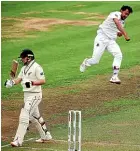  ??  ?? Bangladesh’s Abu Jayed celebrates after taking the wicket of Tom Latham during day three of the second test in Wellington.