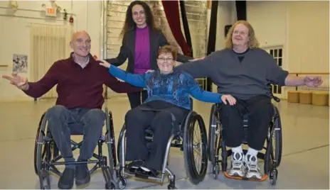  ?? TARA WALTON/TORONTO STAR ?? From front left, Ken Faber, Nancy Clarke and Randy McNeil say they love the enjoyment they get from the Wheel Dance program founded by Iris Kulbatski, behind them. Each wheelchair user is paired with an able-bodied instructor who guides them through...